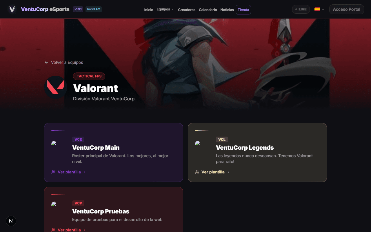 Öffentliche Teamseite der VALORANT-Teams eines Clubs in EsportsHub
