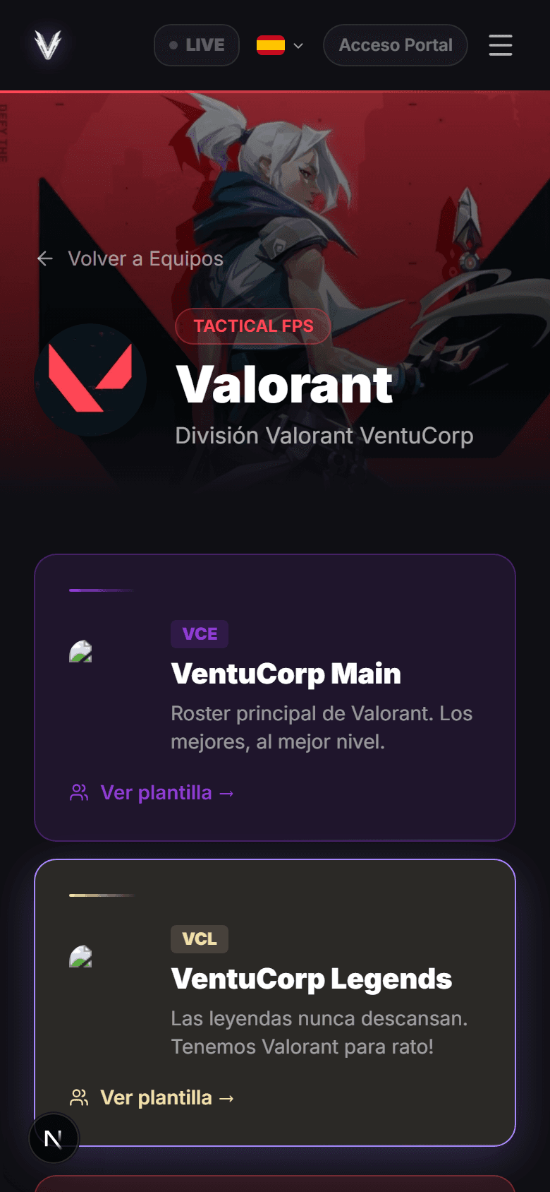 Öffentliche Teamseite der VALORANT-Teams eines Clubs in EsportsHub