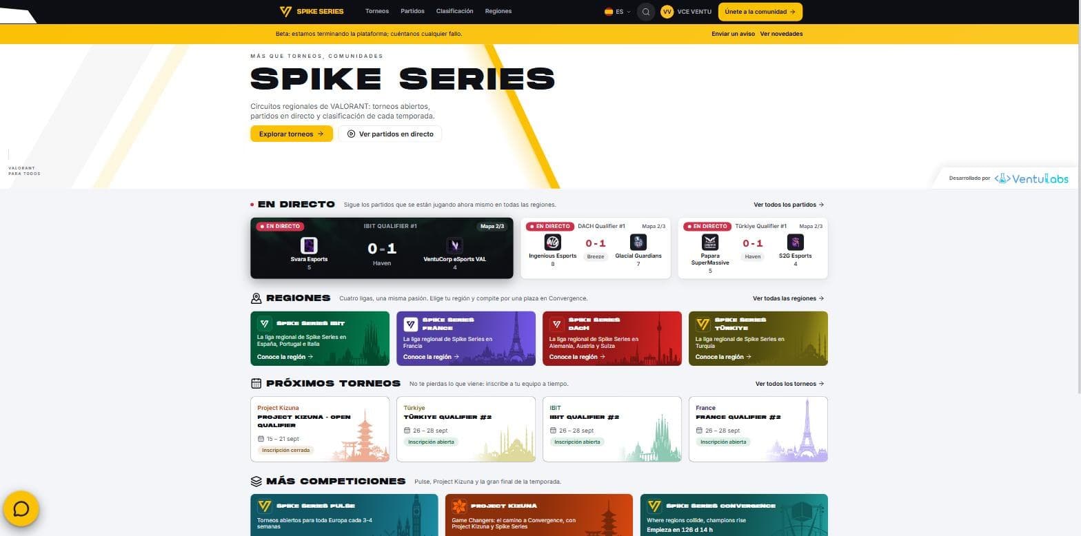 Öffentliche Startseite von Spike Series mit Live-Spielen und Regionen